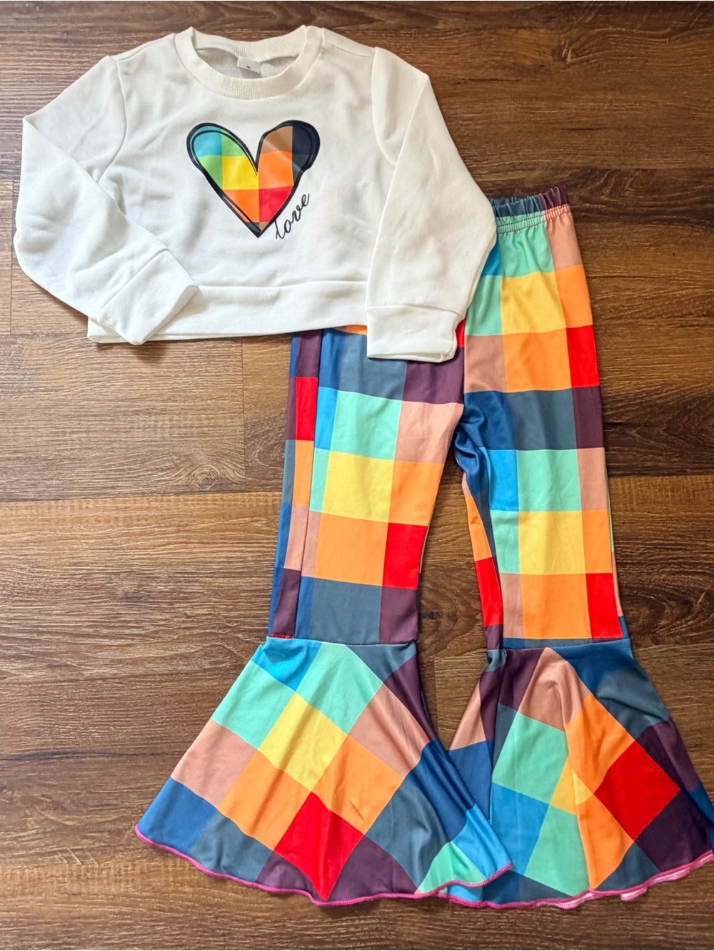 🌈💗 SHEIN Girls Patchwork Heart Outfit Set | Size 4Y | Flare Pants